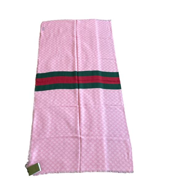NWT GUCCI PINK WOOL GG SCARF WITH GREEN & RED WEB 55in x 55in IN BOX - Picture 11 of 16